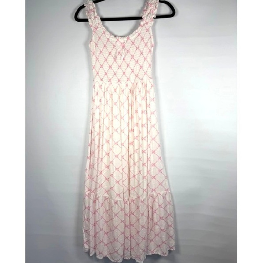 Pink Bow Smocked Maxi Dress White Tiered Ruffle Cottagecore Coquette Small NEW